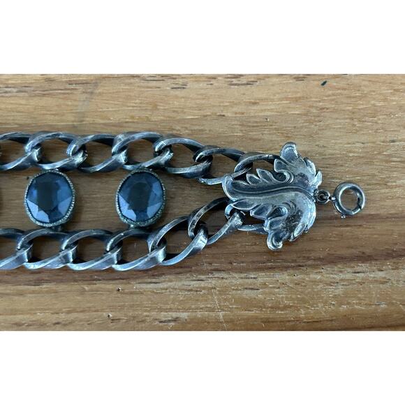 Vintage Joseff Hollywood Statement Bracelet Blue Crystals Antique Silvertone - Picture 4 of 12